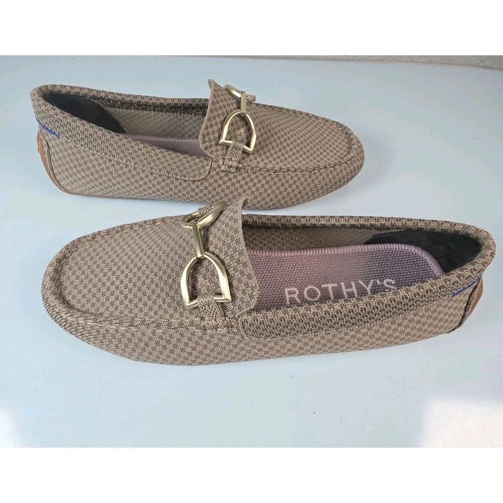 Rothy's The Double Bit Driver Brown Latte MicroCheck Womens Size 7 Flats Loafer